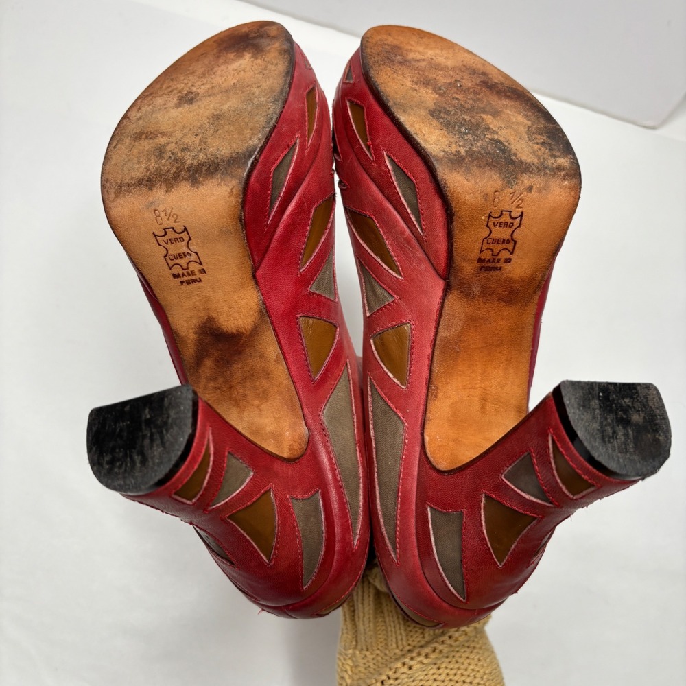 John Fluevog Miracles Meera Leather Heels Stained Glass Platform Pumps 8.5 Red - Picture 6 of 12